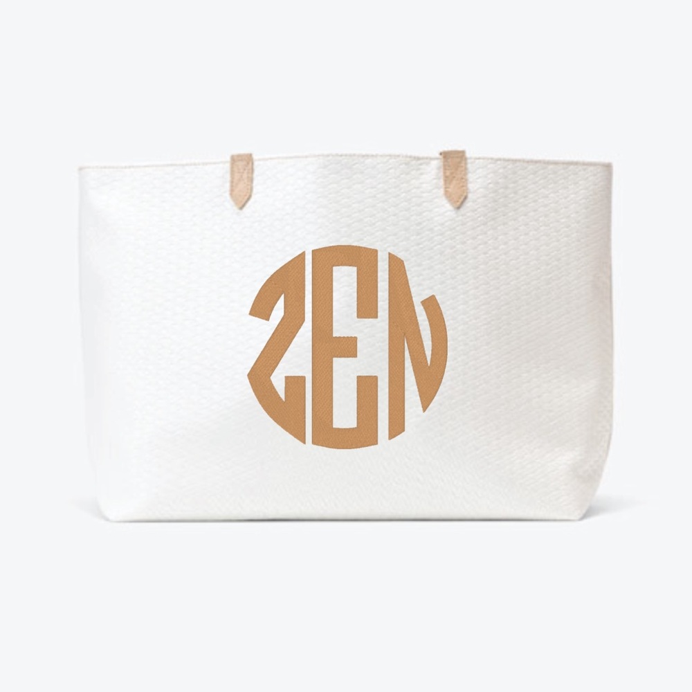 Modern Tote - White Basketweave with “ZEN” circle monogram in the color, fawn